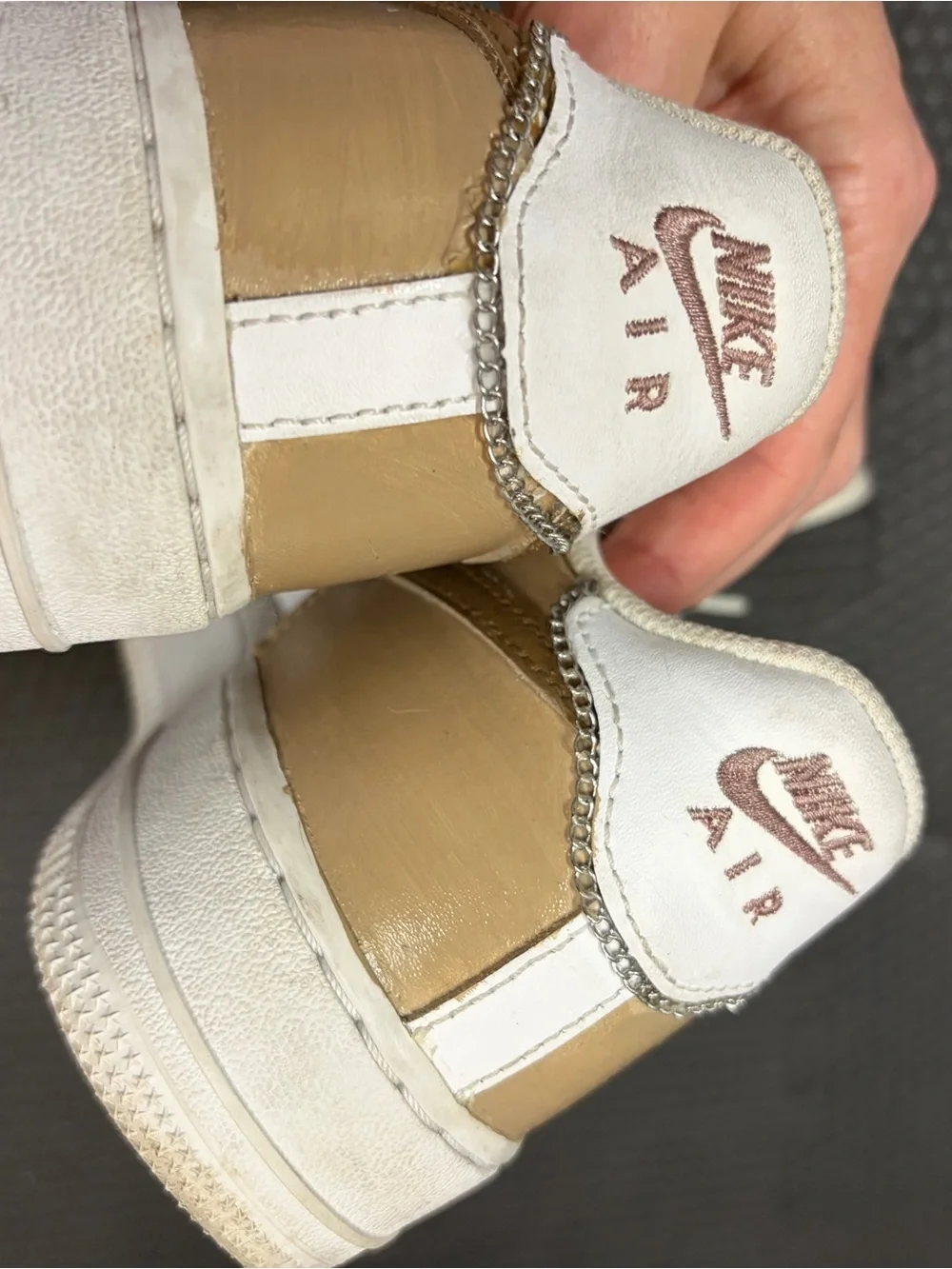 customized Nike Air Force 1 trainers in a beige, brown, and white